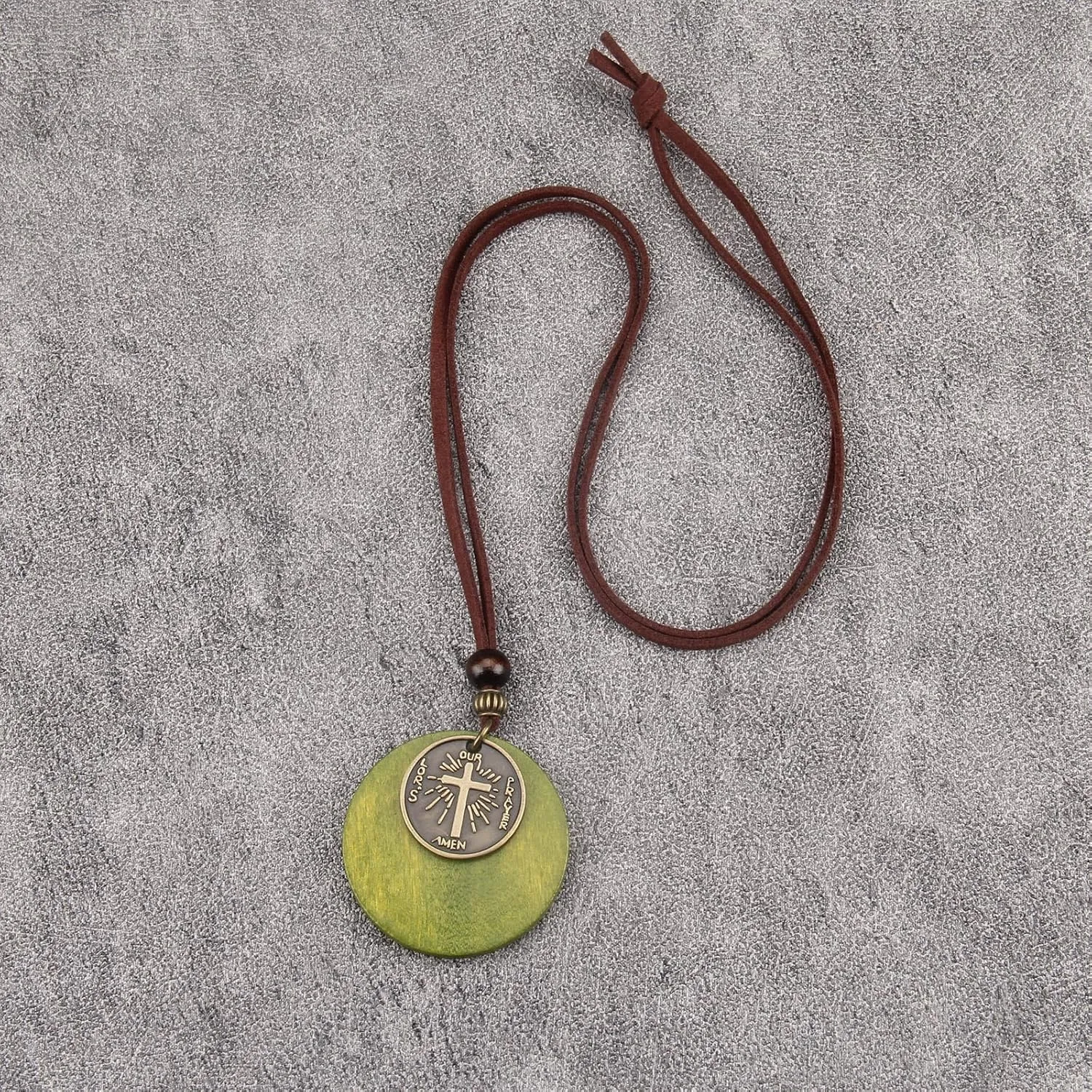 GelConnie Leather Necklace for Women Round Wooden Pendant Long Leather Choker Vintage Sweater Necklace Gold Chunky Boho Necklaces for Women