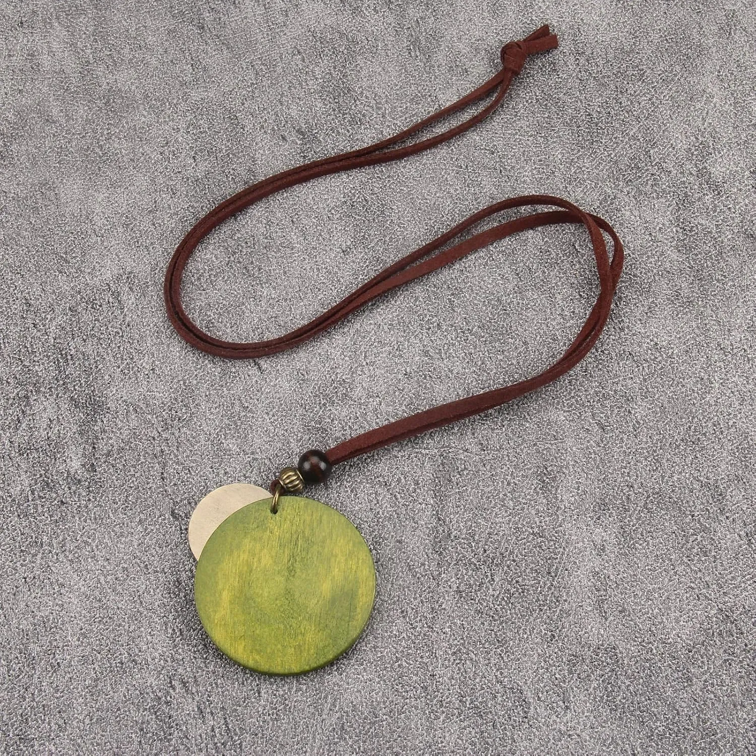GelConnie Leather Necklace for Women Round Wooden Pendant Long Leather Choker Vintage Sweater Necklace Gold Chunky Boho Necklaces for Women