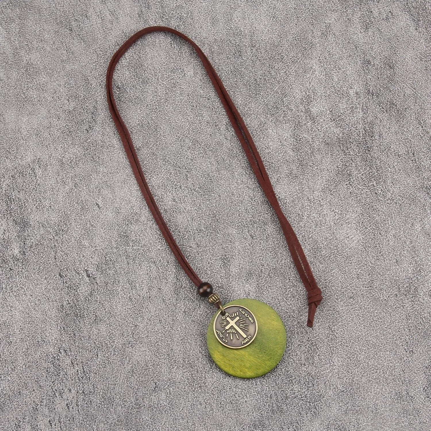 GelConnie Leather Necklace for Women Round Wooden Pendant Long Leather Choker Vintage Sweater Necklace Gold Chunky Boho Necklaces for Women