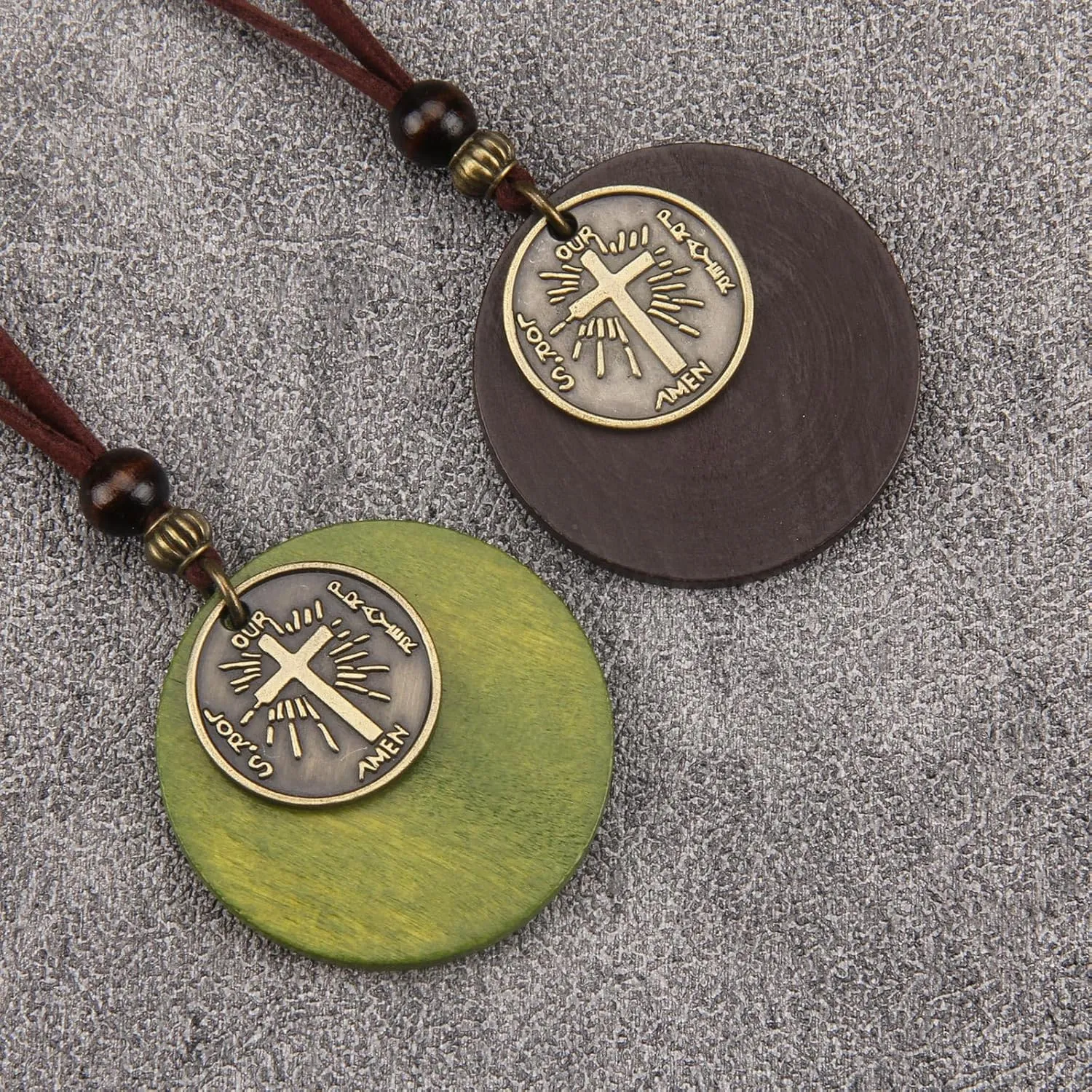 GelConnie Leather Necklace for Women Round Wooden Pendant Long Leather Choker Vintage Sweater Necklace Gold Chunky Boho Necklaces for Women