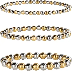 Gold and Silver Beaded Bracelets Kit for Women Plated Two Tone Stretch Bead Ball Bracelet Stack Trio Mixed Metal Stretchy Strand Jewelry Set
