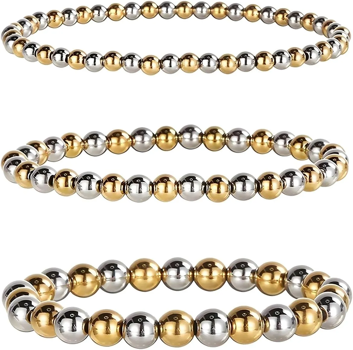 Gold and Silver Beaded Bracelets Kit for Women Plated Two Tone Stretch Bead Ball Bracelet Stack Trio Mixed Metal Stretchy Strand Jewelry Set