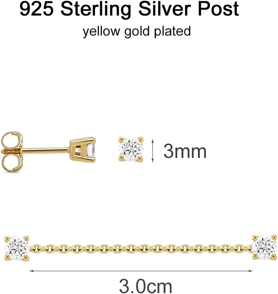 Gold Chain Earrings Double Piercing, 3mm Cubic Zirconia 2 Hole Earrings Hypoallergenic Jewelry Gift for Women