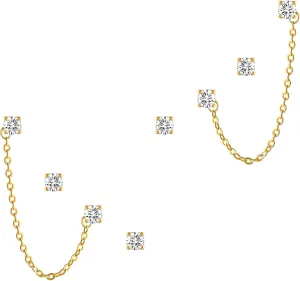 Gold Chain Earrings Double Piercing, 3mm Cubic Zirconia 2 Hole Earrings Hypoallergenic Jewelry Gift for Women