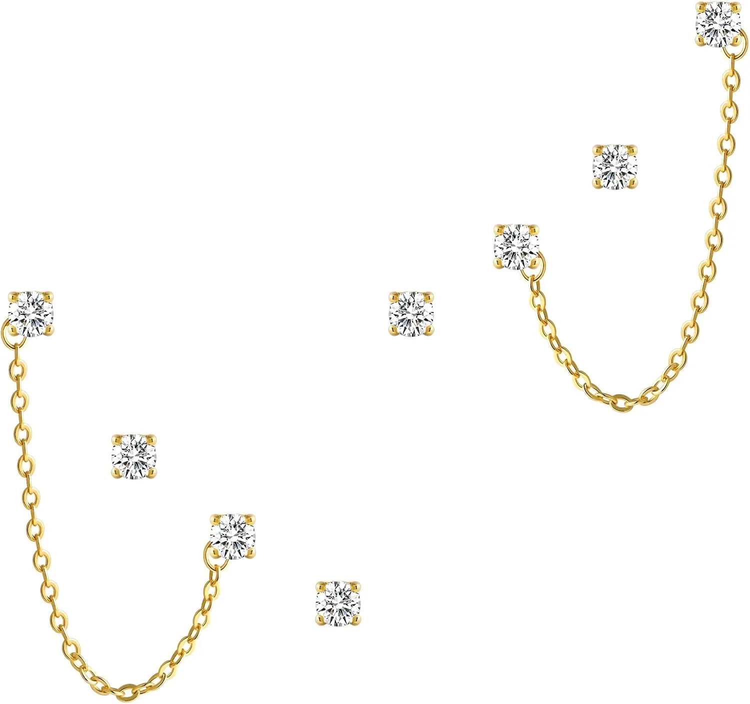 Gold Chain Earrings Double Piercing, 3mm Cubic Zirconia 2 Hole Earrings Hypoallergenic Jewelry Gift for Women