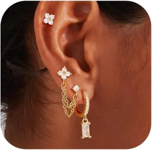 Gold Chain Earrings for Women 14K Gold Plated CZ Studs and Huggie Earrings Set Trendy Jewelry Double Piercing Dangle Chain Huggie Hoop Earrings Set Hypoallergenic Earring Stacks