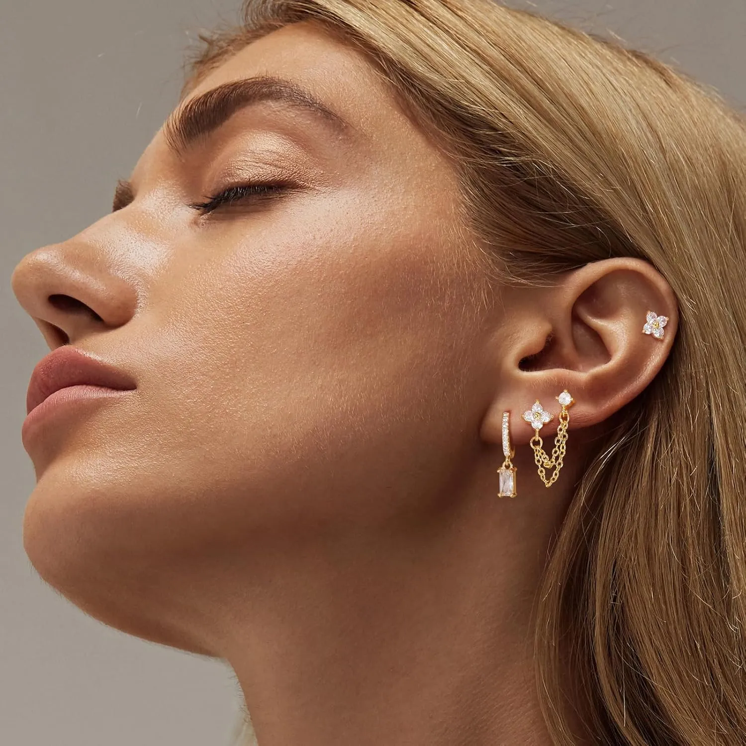 Gold Chain Earrings for Women 14K Gold Plated CZ Studs and Huggie Earrings Set Trendy Jewelry Double Piercing Dangle Chain Huggie Hoop Earrings Set Hypoallergenic Earring Stacks