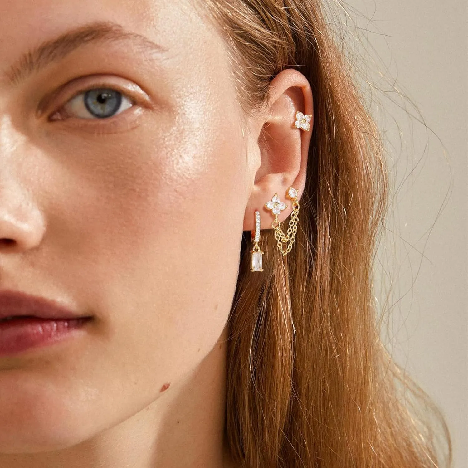 Gold Chain Earrings for Women 14K Gold Plated CZ Studs and Huggie Earrings Set Trendy Jewelry Double Piercing Dangle Chain Huggie Hoop Earrings Set Hypoallergenic Earring Stacks