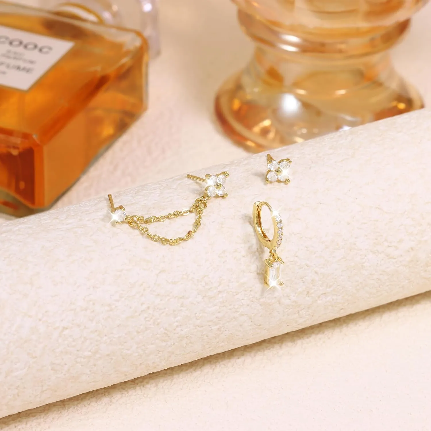 Gold Chain Earrings for Women 14K Gold Plated CZ Studs and Huggie Earrings Set Trendy Jewelry Double Piercing Dangle Chain Huggie Hoop Earrings Set Hypoallergenic Earring Stacks
