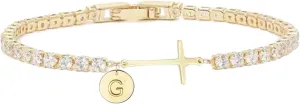 Gold Cross Bracelets for Women Mothers Day Gifts 14K Gold Plated 3mm Cubic Zirconia Classic Tennis Bracelet Dainty Initial Bracelet Letter A-Z Charm for Women Trendy Jewelry Gifts