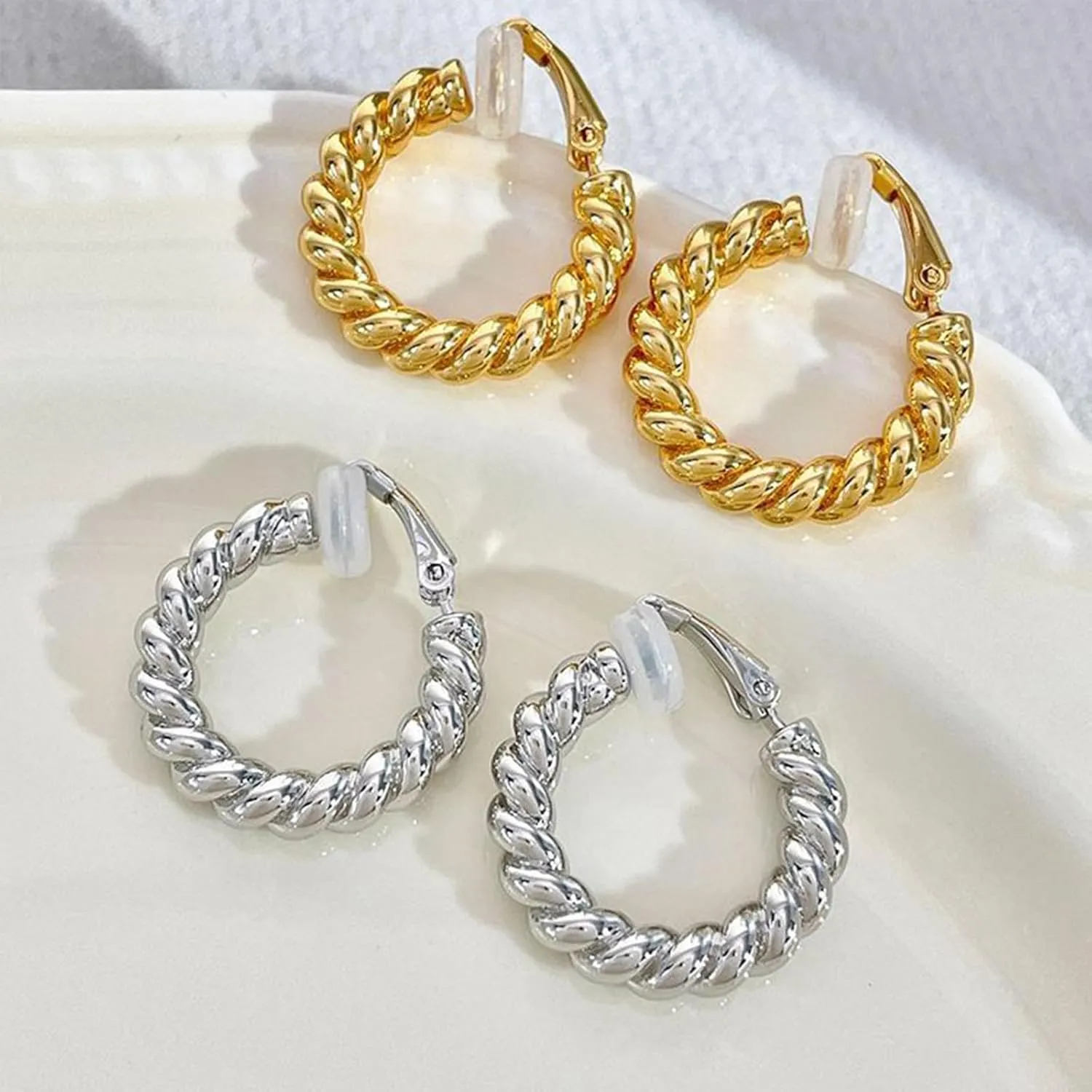 Gold Hoop Clip On Earrings for Women Twisted Thick Hoop Earrings Hypoallergenic Non Pierced Ears Hoops Jewelry