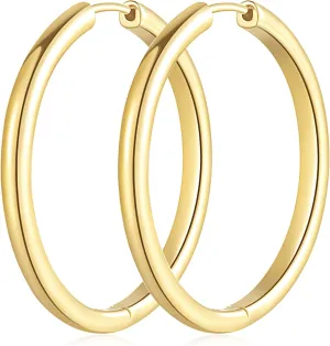 Gold Hoop Earrings 14K Gold Huggie Hoop Earrings for Women Minimalist Round-Edge Womens Hoops Earring 30 * 3.5MM