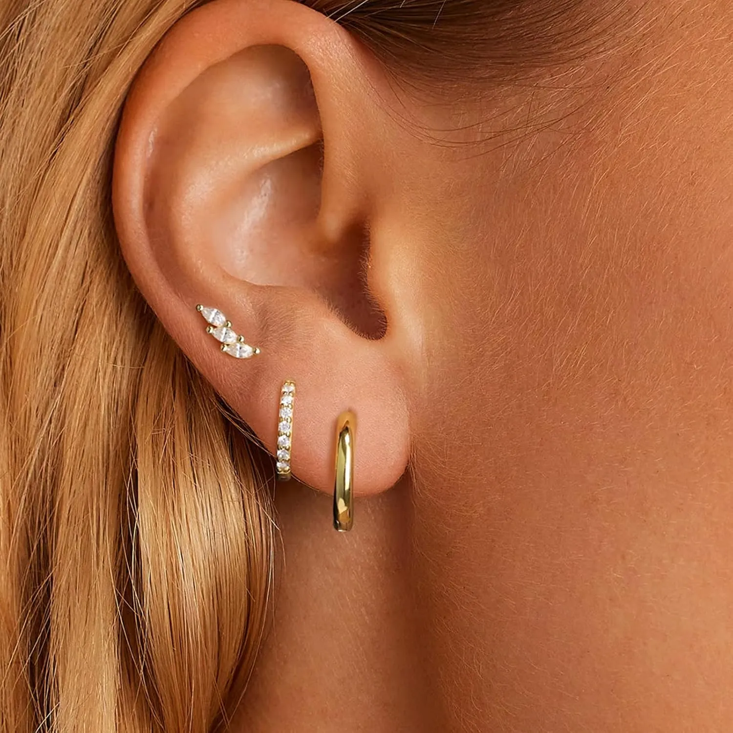 Gold Hoop Earrings Set for Women, Dainty 14K Gold Plated CZ Small Huggie Hoop Earrings Set Lightweight Multiple Piercing Stud Earrings Set for Women Fashion Jewelry