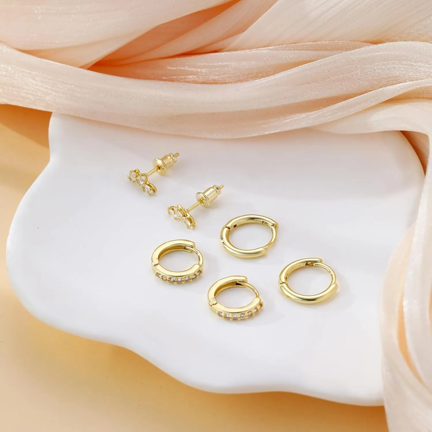 Gold Hoop Earrings Set for Women, Dainty 14K Gold Plated CZ Small Huggie Hoop Earrings Set Lightweight Multiple Piercing Stud Earrings Set for Women Fashion Jewelry