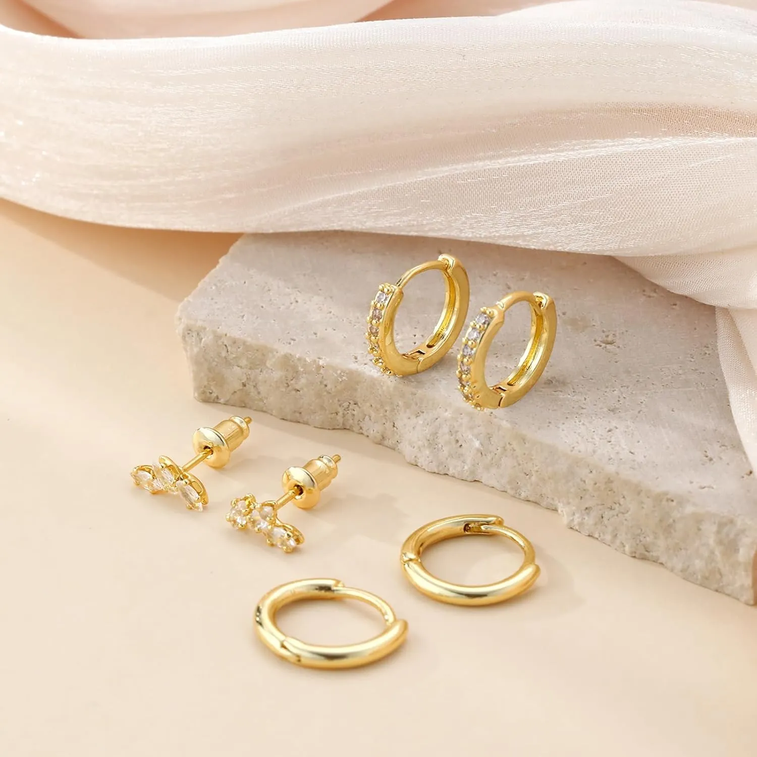 Gold Hoop Earrings Set for Women, Dainty 14K Gold Plated CZ Small Huggie Hoop Earrings Set Lightweight Multiple Piercing Stud Earrings Set for Women Fashion Jewelry