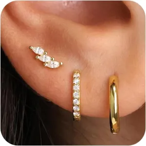 Gold Hoop Earrings Set for Women, Dainty 14K Gold Plated CZ Small Huggie Hoop Earrings Set Lightweight Multiple Piercing Stud Earrings Set for Women Fashion Jewelry
