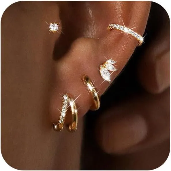 Gold Hoop Earrings Set for Women, Small 14K Gold Plated Huggie Earrings for Multiple Piercing, Dainty Earrings Set