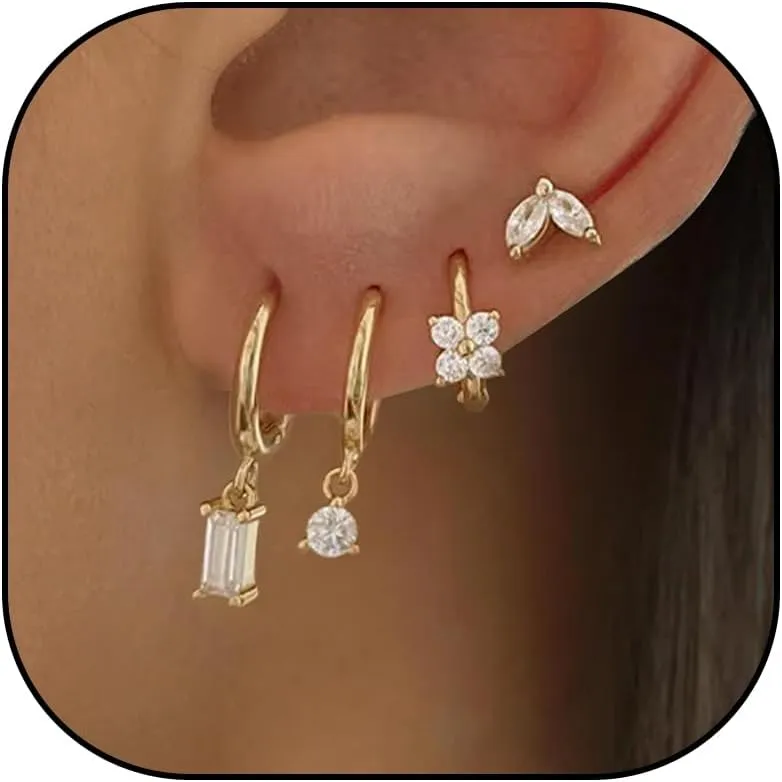 Gold Huggie Earrings Set for Women 14K Gold Plated Earring Sets for Multiple Piercing Rhinestone Hypoallergenic Stackable Small Gold Cartilage Hoop Earrings for Women Jewelry Gifts