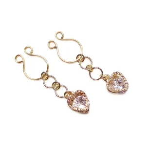 Gold Non Piercing Nipple Jewelry with Heart White Rhinestone - Fake Nipple Jewelry - Clip On Nipple Rings - Nipple Shields - Erotic Nipple Jewelry