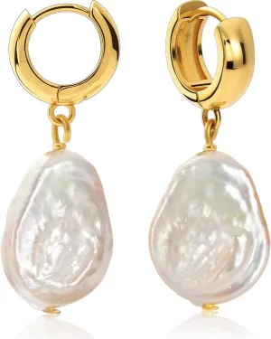 Gold Pearl Hoop Earring for Women, Freshwater Baroque Pearl Drop Dangle Earrings for Sensitive Ears Chunky 18K Gold-plated Big Hoop Huggie Earring Hypoallergenic Trendy for Women Gifts