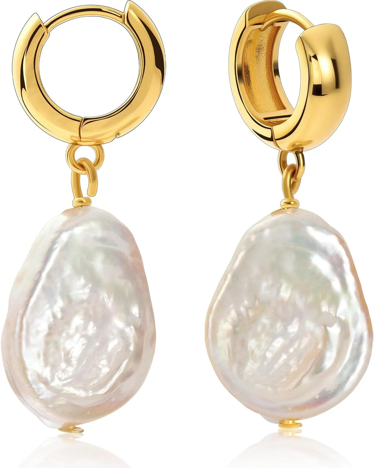 Gold Pearl Hoop Earring for Women, Freshwater Baroque Pearl Drop Dangle Earrings for Sensitive Ears Chunky 18K Gold-plated Big Hoop Huggie Earring Hypoallergenic Trendy for Women Gifts