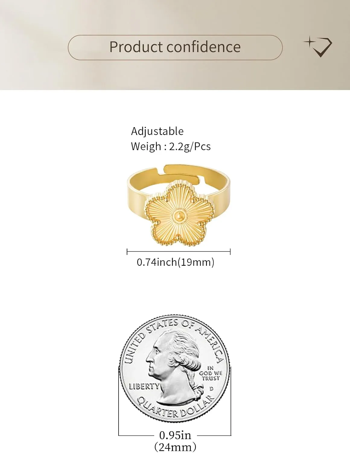 Gold Plated Five Leaf Clover Ring for Women Lucky Flower Jewelry