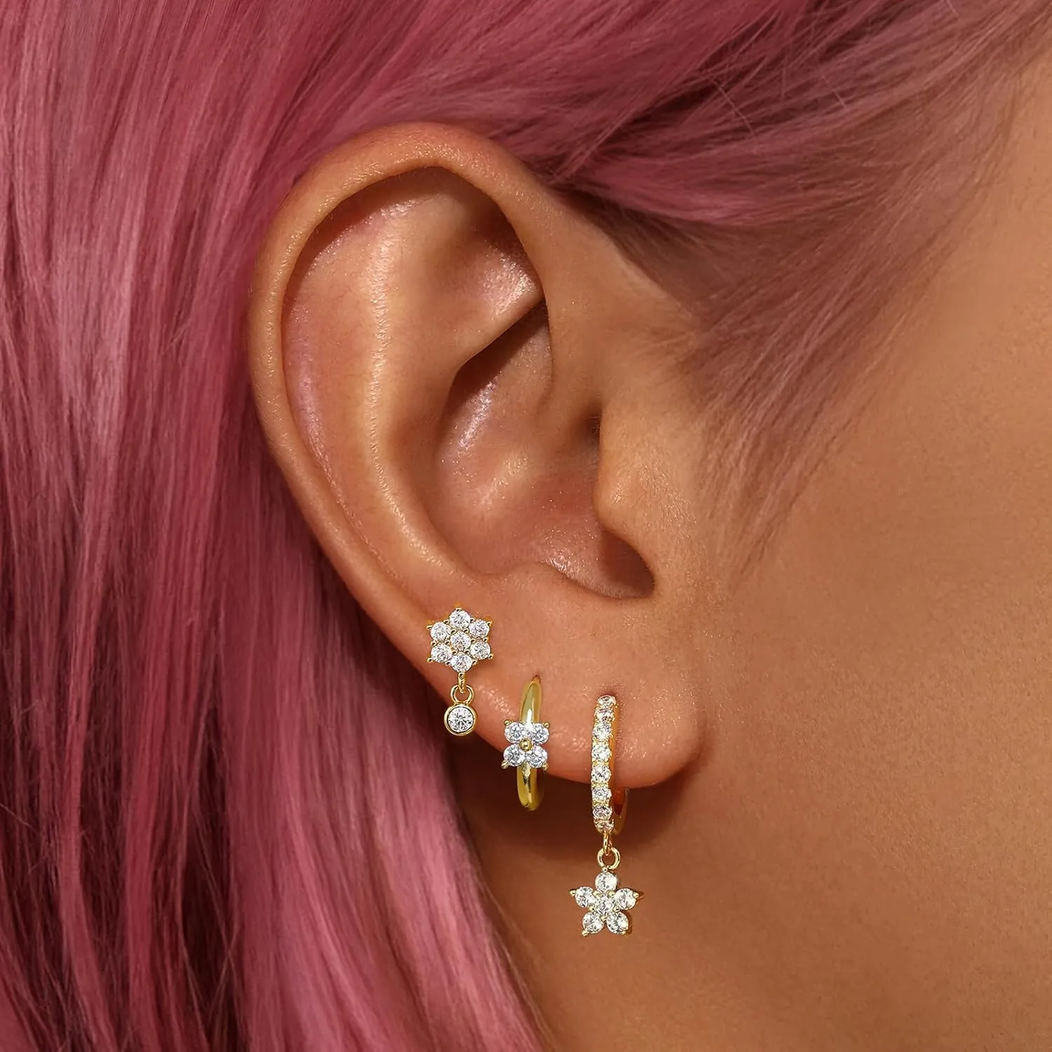 Gold Plated Hoop Earrings Set for Women, Dainty Gold Heart Flower Bow Earrings Jewelry, Trendy Dangle Earring Stacks for Multiple Piercings
