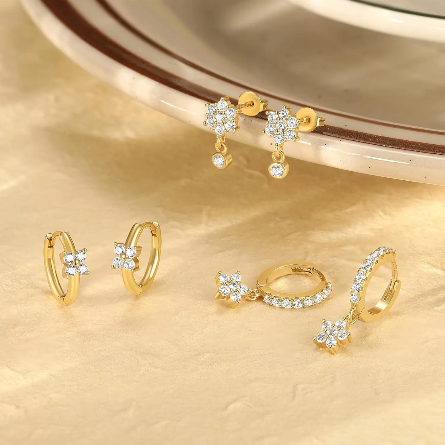 Gold Plated Hoop Earrings Set for Women, Dainty Gold Heart Flower Bow Earrings Jewelry, Trendy Dangle Earring Stacks for Multiple Piercings