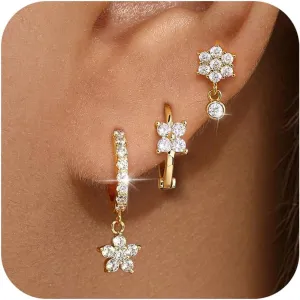 Gold Plated Hoop Earrings Set for Women, Dainty Gold Heart Flower Bow Earrings Jewelry, Trendy Dangle Earring Stacks for Multiple Piercings