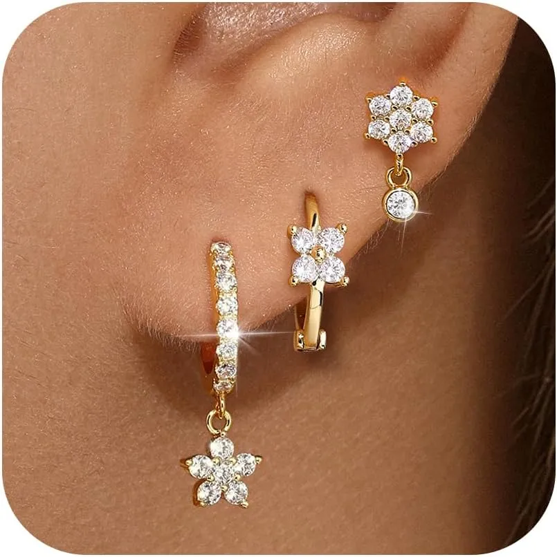 Gold Plated Hoop Earrings Set for Women, Dainty Gold Heart Flower Bow Earrings Jewelry, Trendy Dangle Earring Stacks for Multiple Piercings