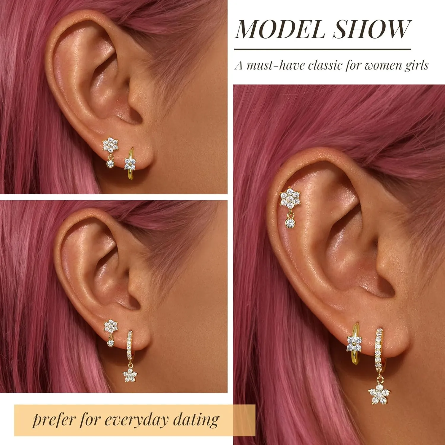 Gold Plated Hoop Earrings Set for Women, Dainty Gold Heart Flower Bow Earrings Jewelry, Trendy Dangle Earring Stacks for Multiple Piercings