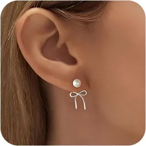 Gold Silver Pearl Earrings for Women - Hoop Earrings for Women Trendy 14K Gold Plated/Silver Twist Rope Bow Stud Bow Pearl Huggie Earring Hoops Pearls Dangle Cubic Zirconia Earring Jewelry Gift Womens