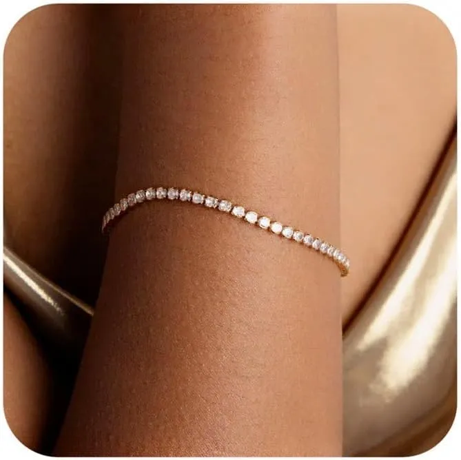 Gold Silver Tennis Bracelets for Women Dainty 14K Gold Plated Stackable Cubic Zirconia Diamond Bracelets for Wedding Bride Jewelry Gift for Mom Women Size 6.5-7.5 Inch