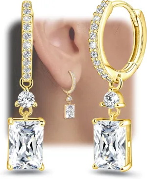 Gold Square Hoop Earrings with Dangle Sterling Silver Square Earrings Trendy Hypoallergenic Cubic Zirconia Hoop Earrings with Dangling Charms Minimalist Fashion Loop Earrings for Women Christmas Gifts