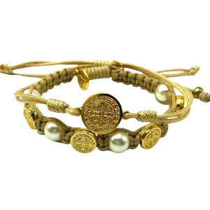 Gold Tone Saint Benedict Medals Bracelet Set Couples Friendship Catholic Gift