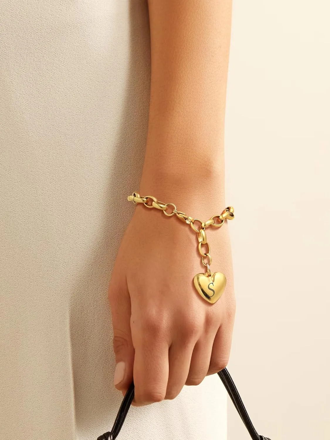 GOLDCHIC JEWELRY Heart Charm Bracelet Adjustable For Women, Stainless Steel Initial Cable Link Letters Mother Daughter Bracelets Jewelry Gifts for Mom (With Box)