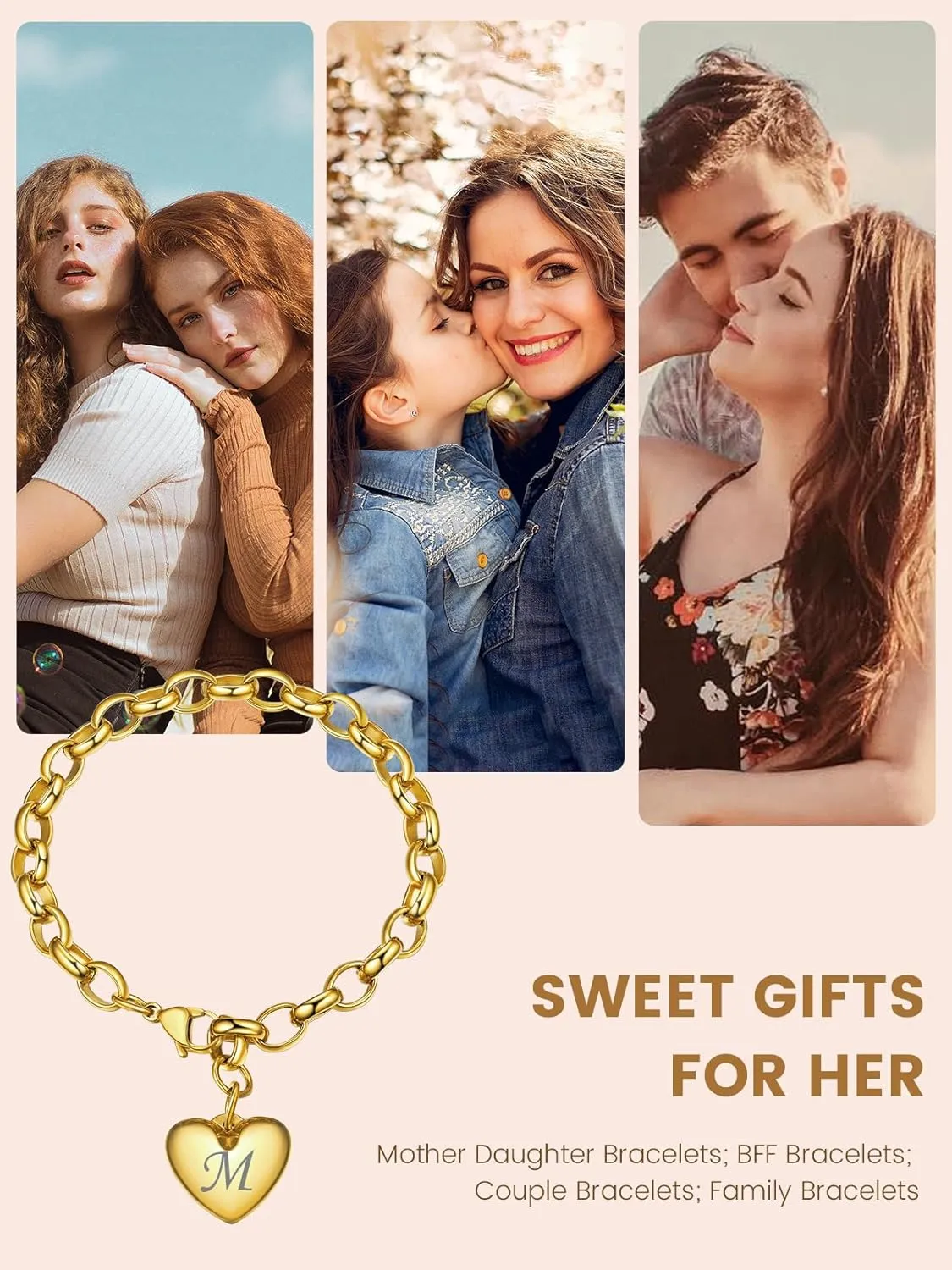 GOLDCHIC JEWELRY Heart Charm Bracelet Adjustable For Women, Stainless Steel Initial Cable Link Letters Mother Daughter Bracelets Jewelry Gifts for Mom (With Box)