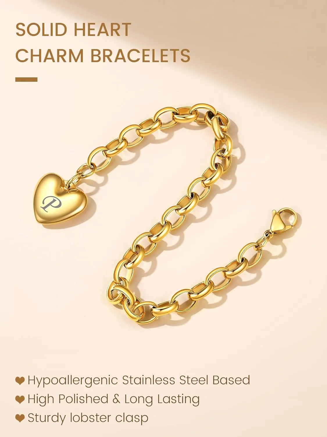 GOLDCHIC JEWELRY Heart Charm Bracelet Adjustable For Women, Stainless Steel Initial Cable Link Letters Mother Daughter Bracelets Jewelry Gifts for Mom (With Box)