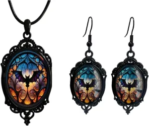 Gothic Earrings Necklaces Set for Women,Vintage Crystal Glass Necklace Punk Style Crow Bat Witch Necklace Earring Mysterious Witch Halloween Jewelry