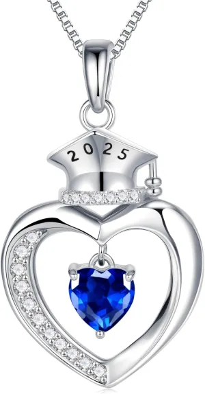 Graduation Gifts for Her 2025, S925 Sterling Silver Heart Birthstone Graduation Cap Necklaces Class of 2025 High School College Graduations Gift for Her