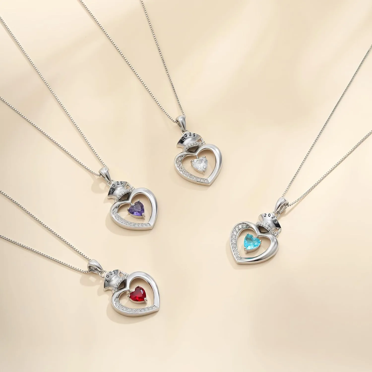 Graduation Gifts for Her 2025, S925 Sterling Silver Heart Birthstone Graduation Cap Necklaces Class of 2025 High School College Graduations Gift for Her