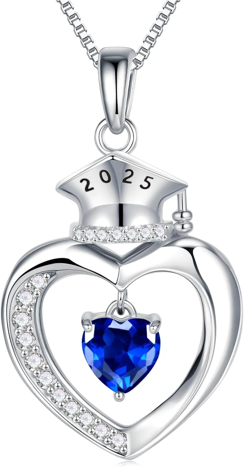 Graduation Gifts for Her 2025, S925 Sterling Silver Heart Birthstone Graduation Cap Necklaces Class of 2025 High School College Graduations Gift for Her