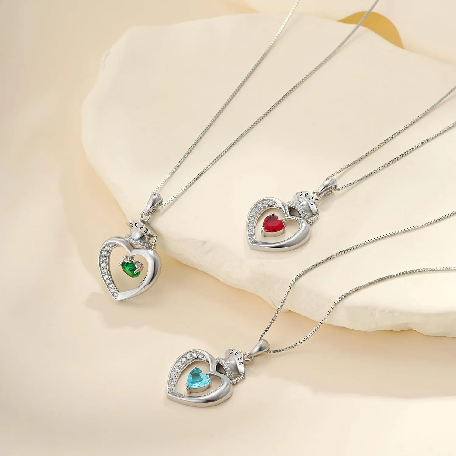 Graduation Gifts for Her 2025, S925 Sterling Silver Heart Birthstone Graduation Cap Necklaces Class of 2025 High School College Graduations Gift for Her