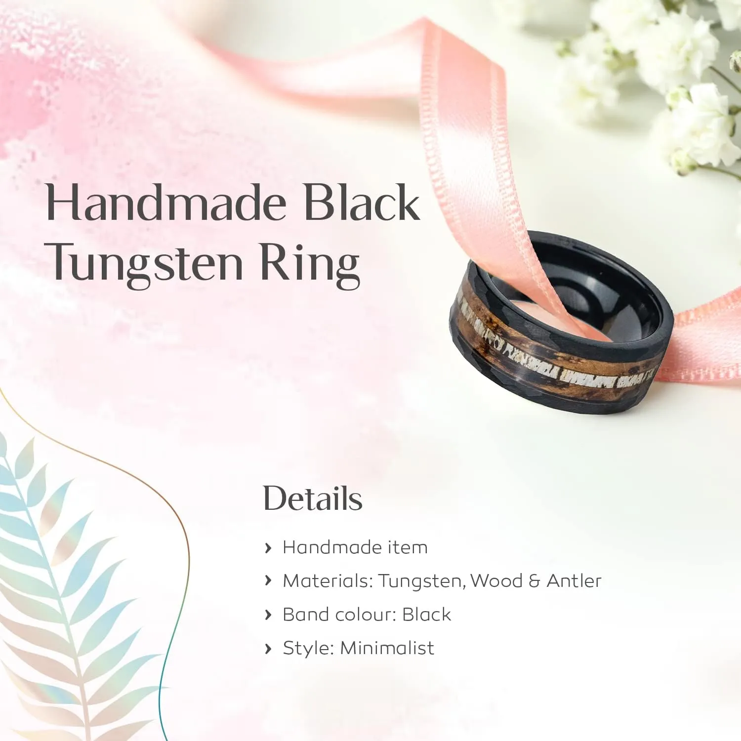 Hammered Wedding Band - Promise Ring for Couples - Handmade Black Tungsten Ring for Men - Wood Wedding Ring With Box - Minimalist Engagement Ring