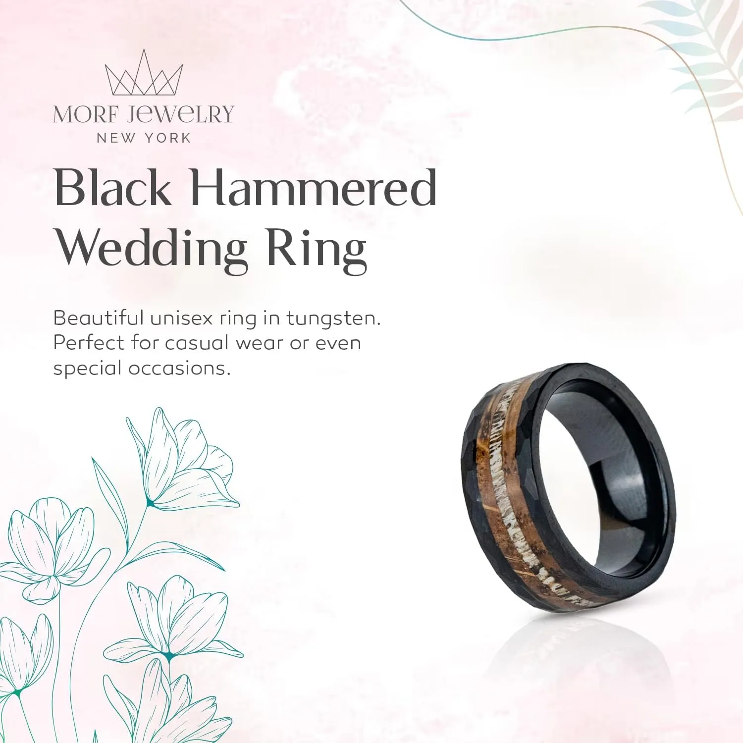 Hammered Wedding Band - Promise Ring for Couples - Handmade Black Tungsten Ring for Men - Wood Wedding Ring With Box - Minimalist Engagement Ring