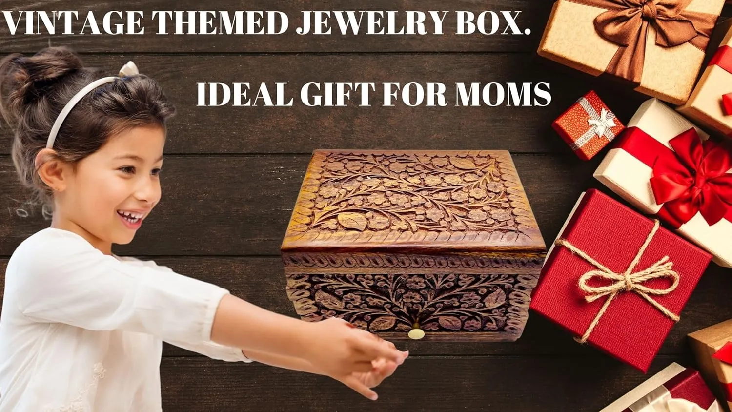 Handcrafted Girls Jewelry Tabletop Box for Earrings, Rings, Necklaces Keepsake Jewelry Box Trinket Vintage Style Hand-Crafted Floral Carvings 8"x6"x6" (Dual Compartment)