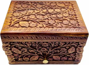 Handcrafted Girls Jewelry Tabletop Box for Earrings, Rings, Necklaces Keepsake Jewelry Box Trinket Vintage Style Hand-Crafted Floral Carvings 8"x6"x6" (Dual Compartment)