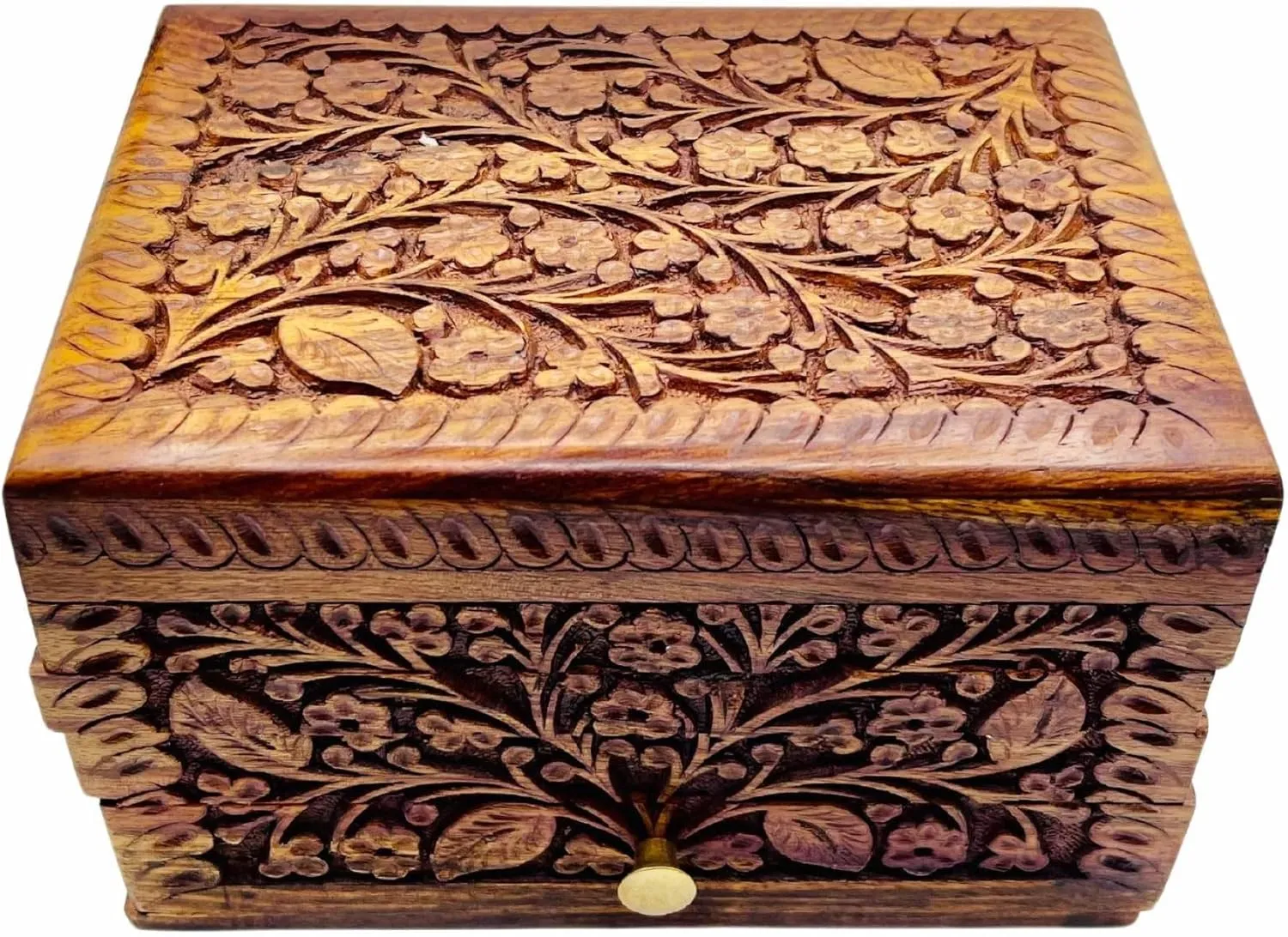 Handcrafted Girls Jewelry Tabletop Box for Earrings, Rings, Necklaces Keepsake Jewelry Box Trinket Vintage Style Hand-Crafted Floral Carvings 8"x6"x6" (Dual Compartment)