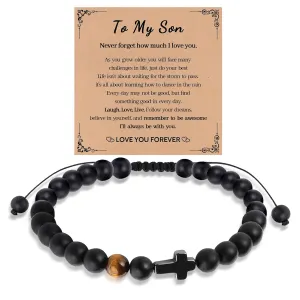 Handmade Bracelet Gifts for Men Boys,Cross Bracelet for Son Grandson Dad,Natural Stone Cross Beaded Bracelet,Adjustable Charm Bracelet Birthday Anniversary Gifts (To My Son)