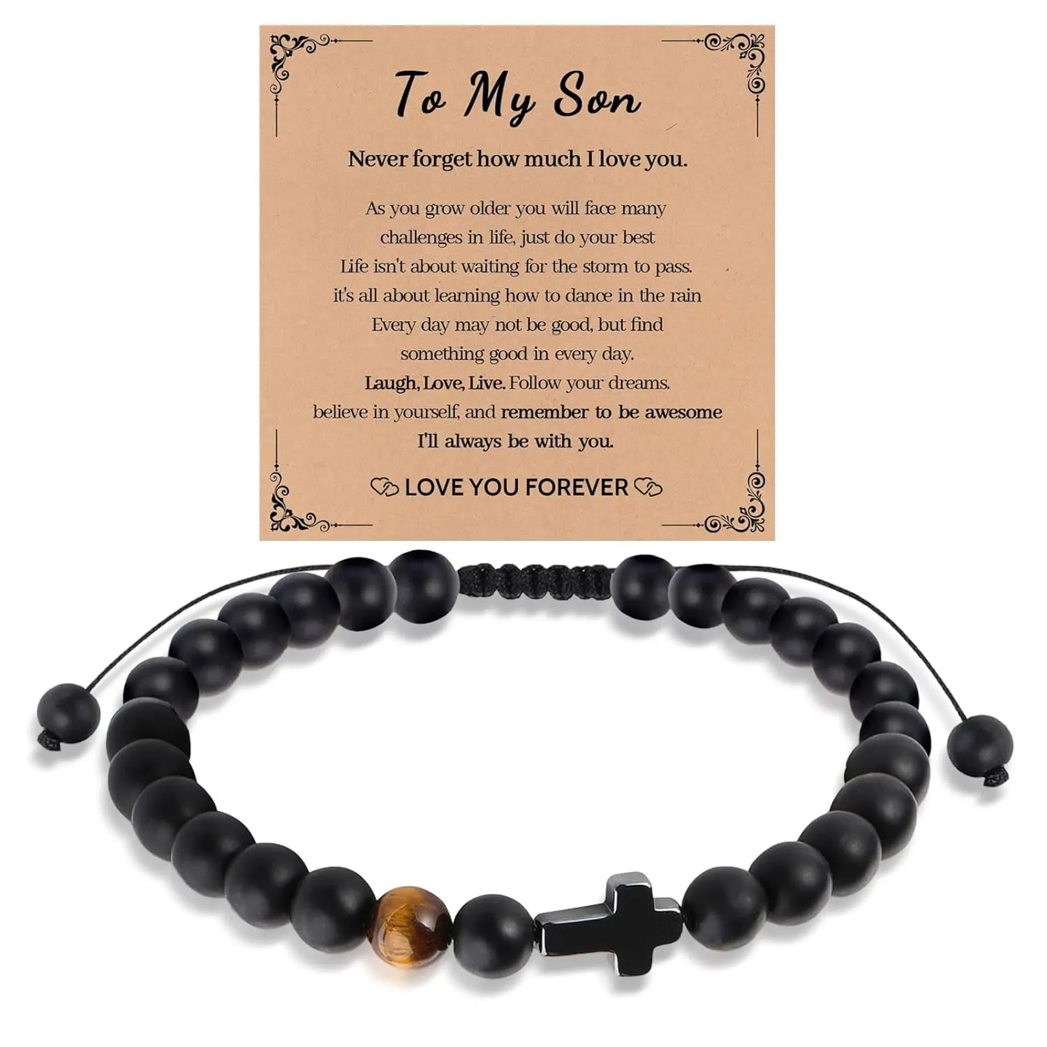 Handmade Bracelet Gifts for Men Boys,Cross Bracelet for Son Grandson Dad,Natural Stone Cross Beaded Bracelet,Adjustable Charm Bracelet Birthday Anniversary Gifts (To My Son)
